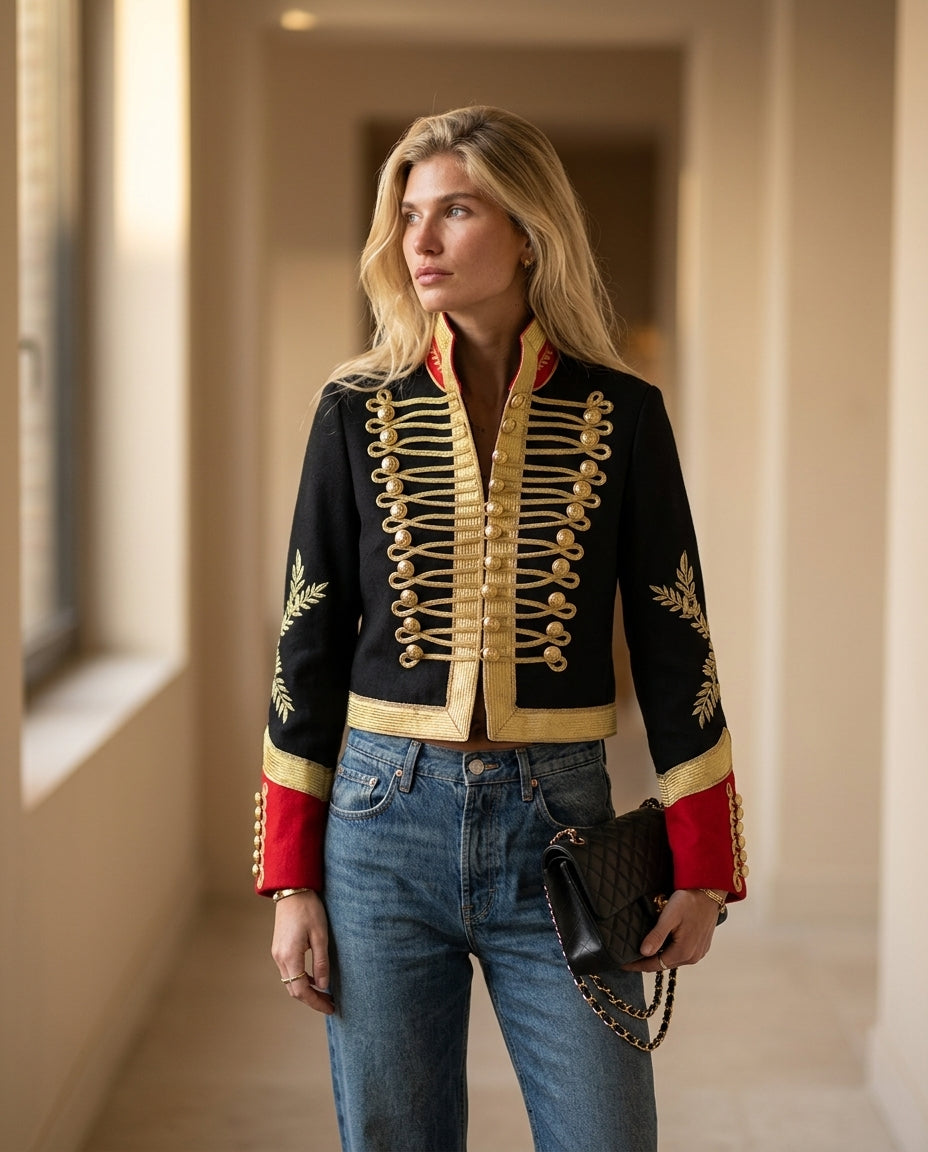 Black Velvet Summer Embroidered Jacket Black Jacket with Tailored silhouette and Textured texture, editorial ecommerce scene for Business Casual, an estate dinner at golden hour, US East / Hamptons Elite by ads.floravincie