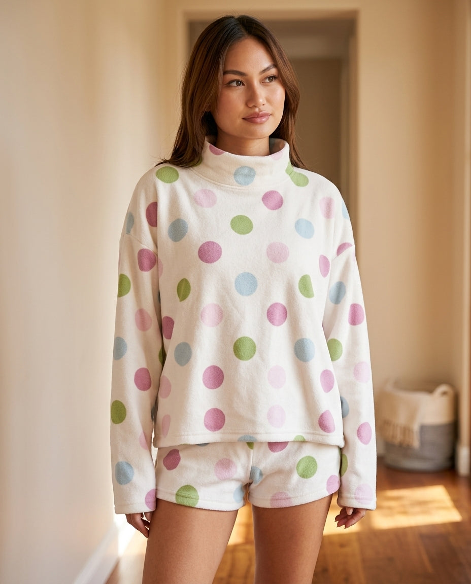Ivory Poise Summer Polka Dot Short Set Ivory Short Set with Relaxed Fit silhouette and Textured texture, editorial ecommerce scene for Vacation Set, a gallery opening in Paris, Euro Chic Premium by ads.floravincie