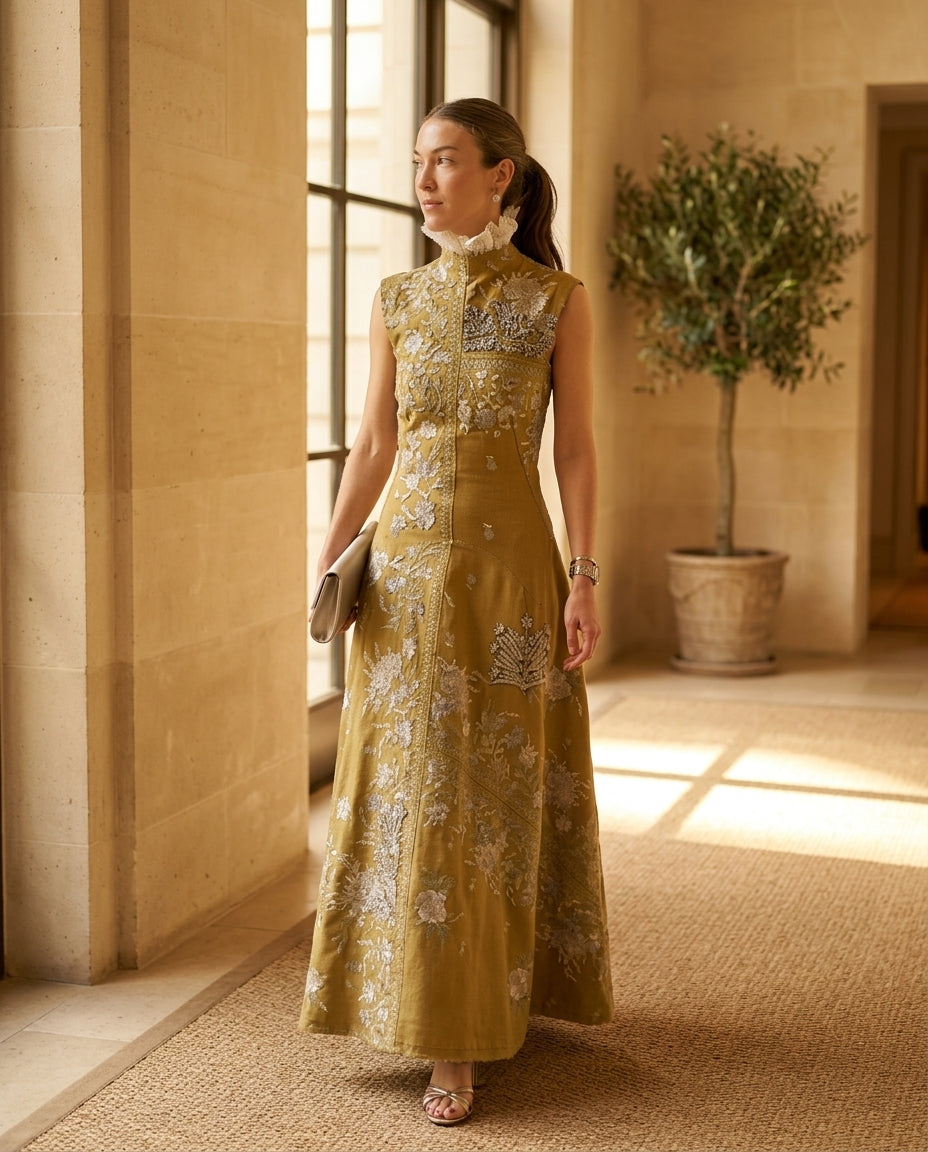 Olive Green Glow Summer Embroidered Maxi Dress Olive Green Maxi Dress with Asymmetric silhouette and Linen Blend texture, editorial ecommerce scene for Resort Dinner, Weekend in The Hamptons, US East / Hamptons Elite by ads.floravincie