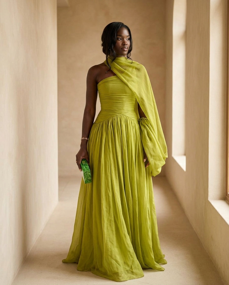 Sage Velvet Evening Ruched Maxi Dress Sage Maxi Dress with Asymmetric silhouette and Textured texture, editorial ecommerce scene for Date Night, Sunset in Malibu, US Coastal Glam by Mesadic