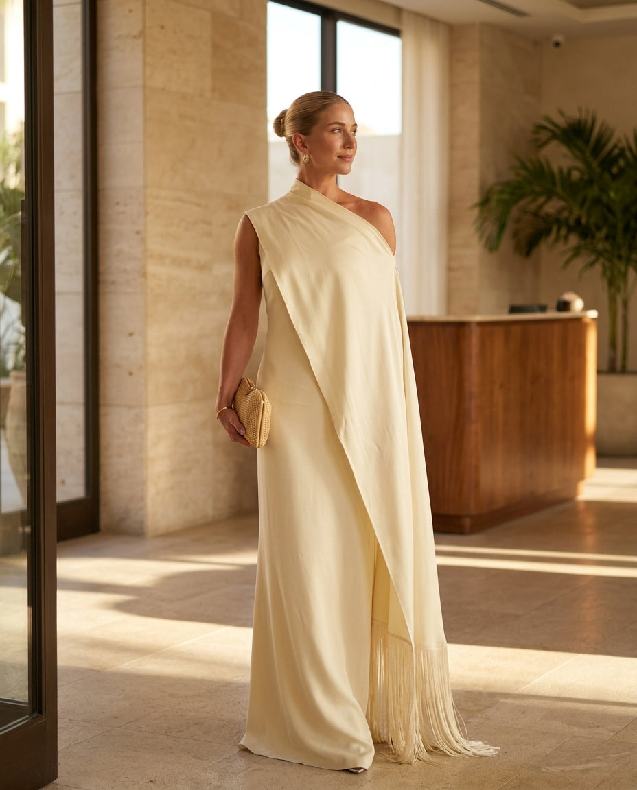 Ivory Poise Evening Fringe Maxi Dress Ivory Maxi Dress with Asymmetric silhouette and Textured texture, editorial ecommerce scene for Date Night, a private garden lunch, US East / Hamptons Elite by Mesadic
