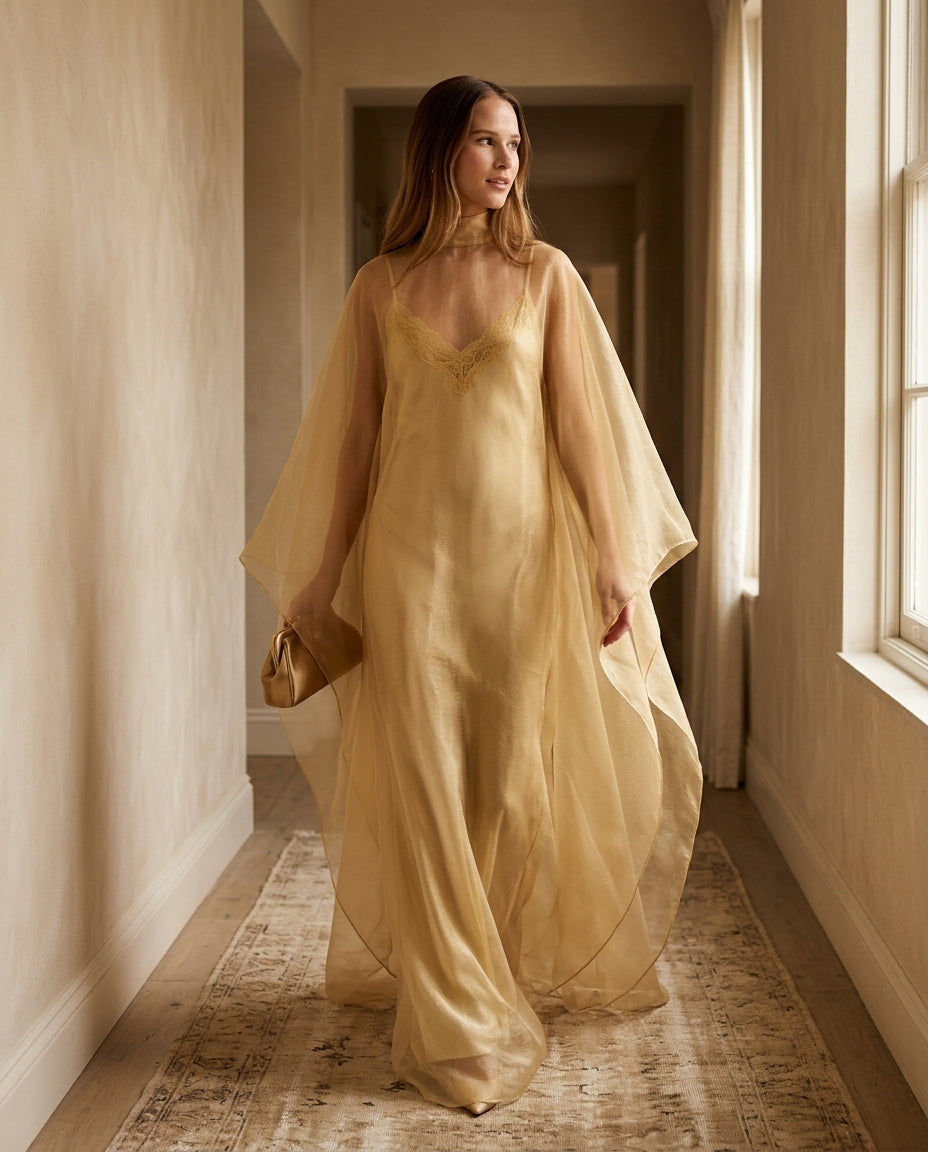 Gold Charm Evening Lace Maxi Dress Gold Maxi Dress with Asymmetric silhouette and Textured texture, editorial ecommerce scene for Date Night, a gallery opening in Paris, Euro Chic Premium by Mesadic
