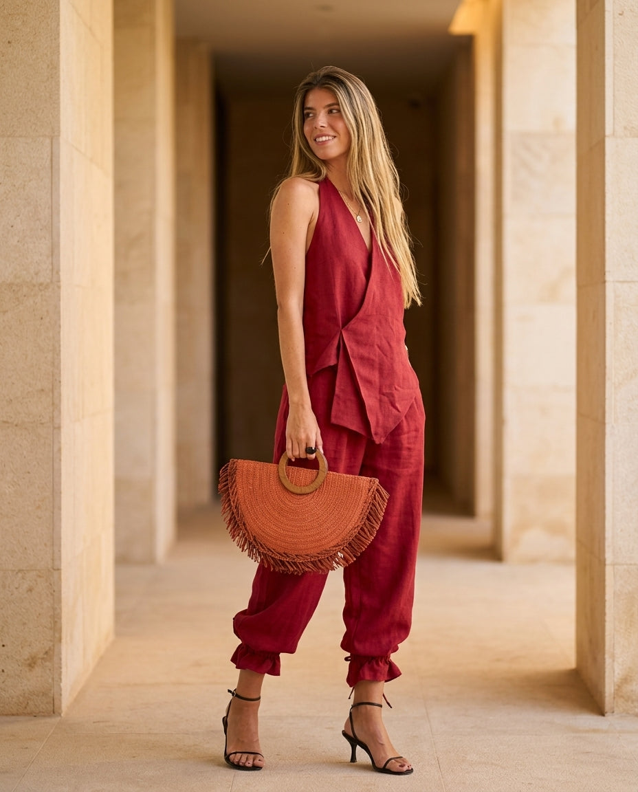 Rust Grace Resort Ruffled Pant Set Rust Pant Set with Asymmetric silhouette and Linen Blend texture, editorial ecommerce scene for Resort Wear, a Palm Springs weekend, US Coastal Glam by Mesadic