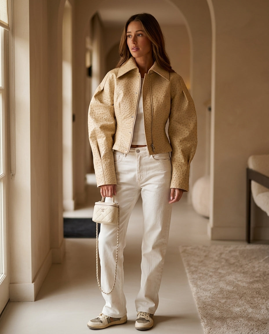 Sand Poise Summer Textured Jacket Sand Jacket with Cropped silhouette and Structured texture, editorial ecommerce scene for Office Edit, Evening in Amalfi, Euro Chic Premium by Mesadic