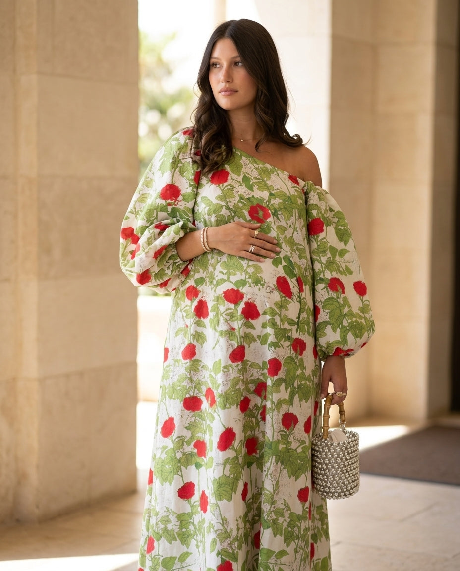 Ivory Reverie Resort Floral Maxi Dress Ivory Maxi Dress with Relaxed Fit silhouette and Linen Blend texture, editorial ecommerce scene for Resort Wear, Sunset in Malibu, US Coastal Glam by Mesadic