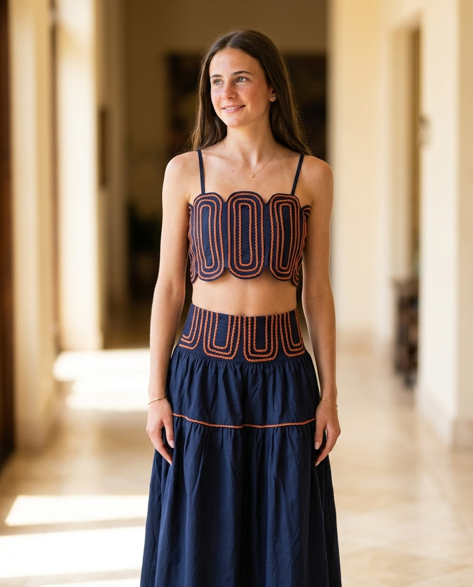 Navy Solace Resort Embroidered Skirt Set Navy Skirt Set with Asymmetric silhouette and Textured texture, editorial ecommerce scene for Resort Wear, Weekend in The Hamptons, US East / Hamptons Elite by Mesadic