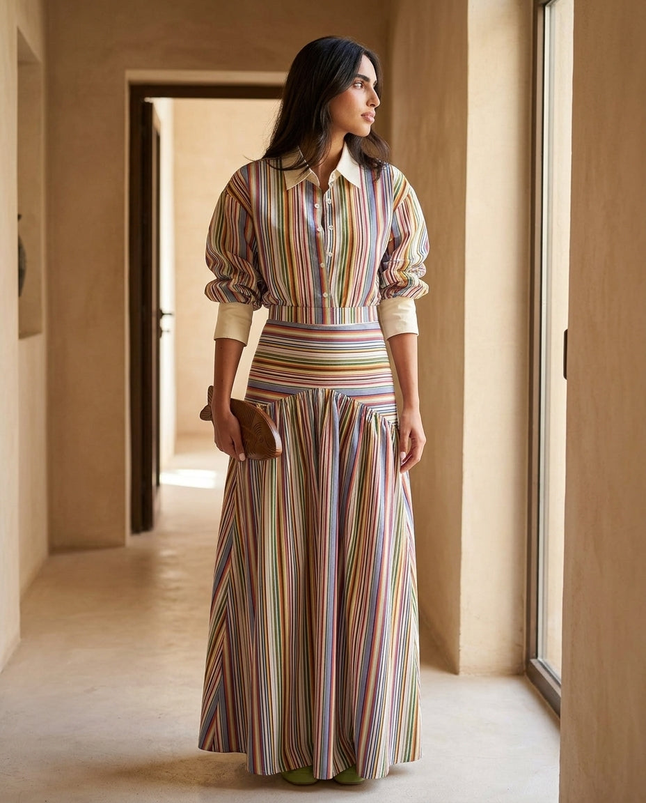 Multicolor Muse Striped Skirt Set Multicolor Skirt Set with Asymmetric silhouette and Textured texture, editorial ecommerce scene for Beach Dinner, a private garden lunch, US East / Hamptons Elite by Mesadic