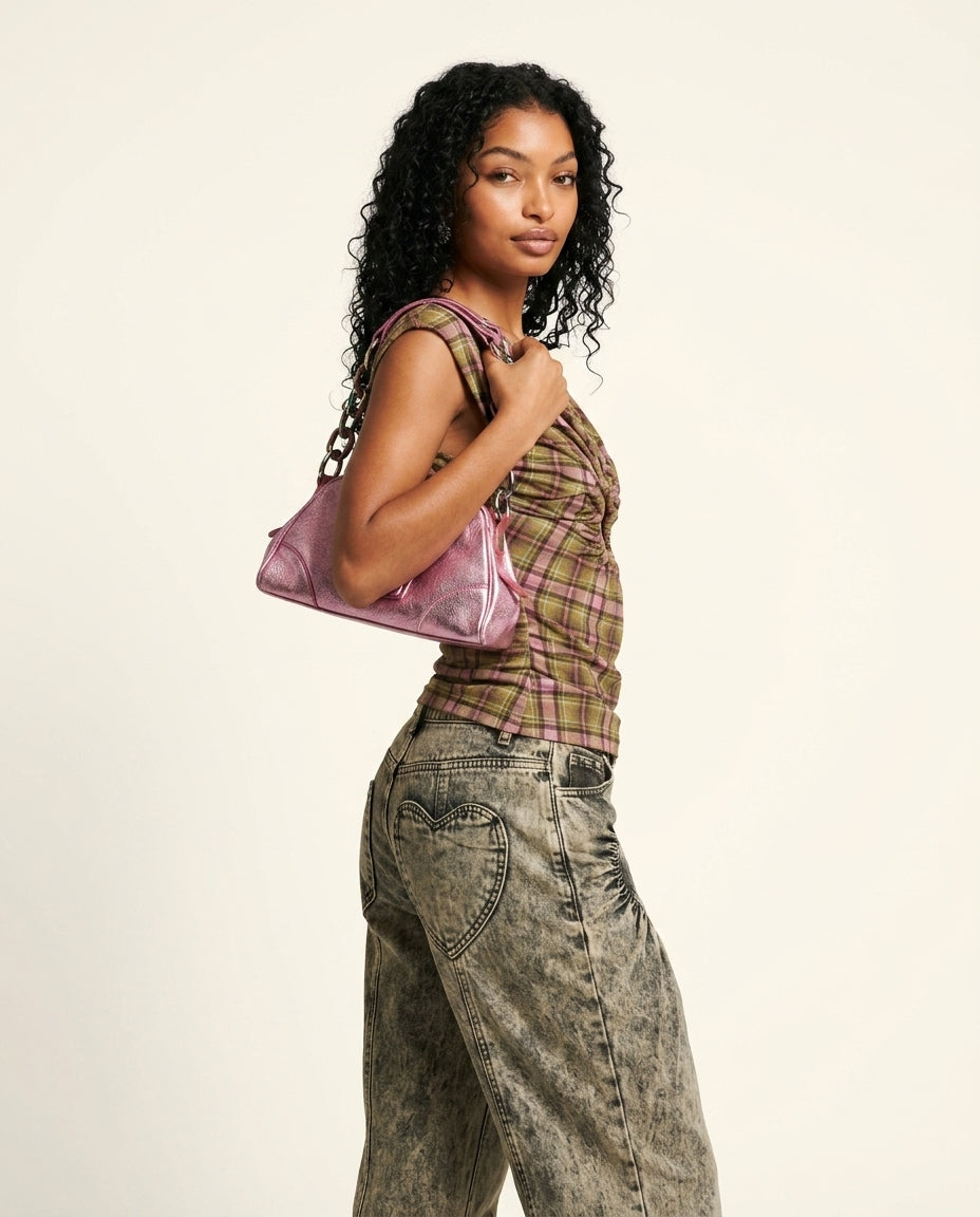 Lilac Charm Summer Ruched Top Lilac Top with Asymmetric silhouette and Textured texture, editorial ecommerce scene for City Lunch, Sunset in Malibu, US Coastal Glam by ads.floravincie