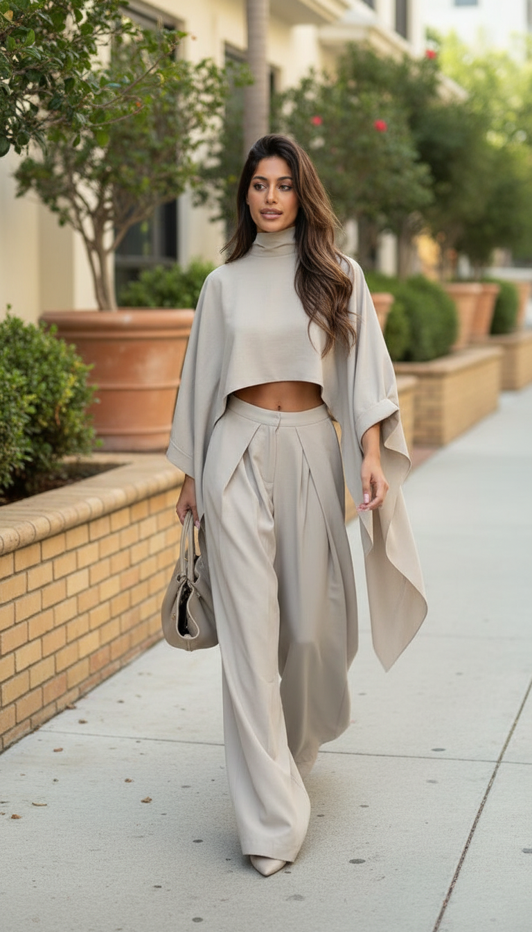 Beige Pleated Wide-Leg Cropped Pant Set product image 6
