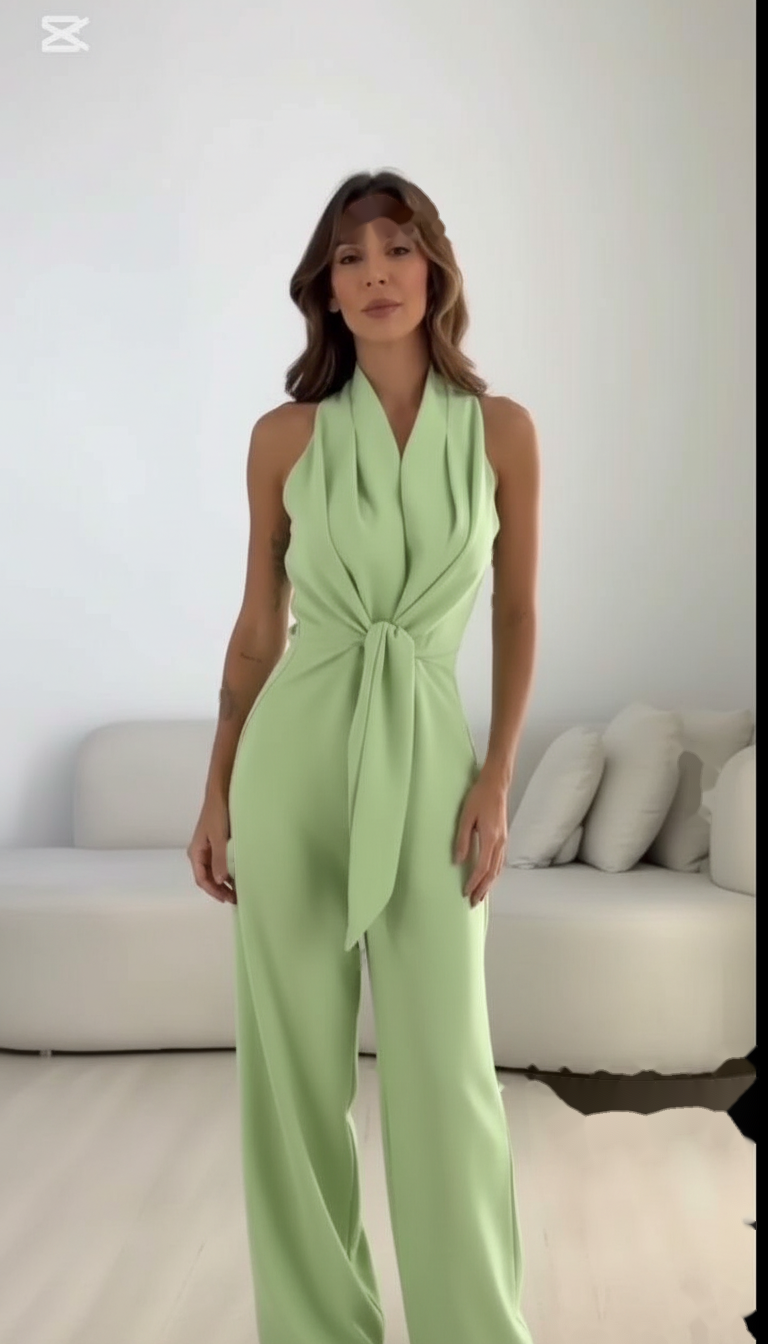 Light Green V-Neck Wide-Leg Tie Waist Wide-Leg Jumpsuit product image 6