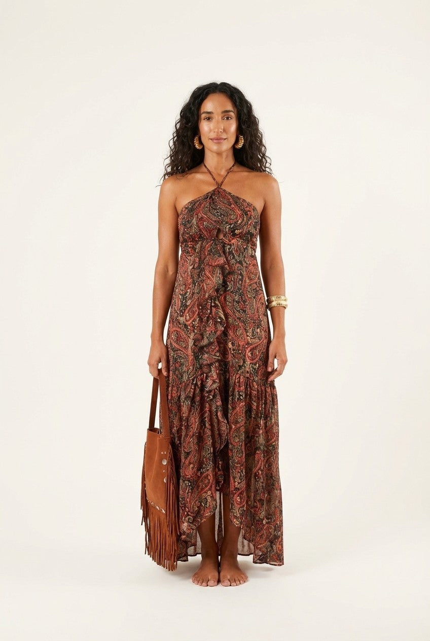 Paisley Halter Maxi Dress With Ruffle Detail Boho Resort Style