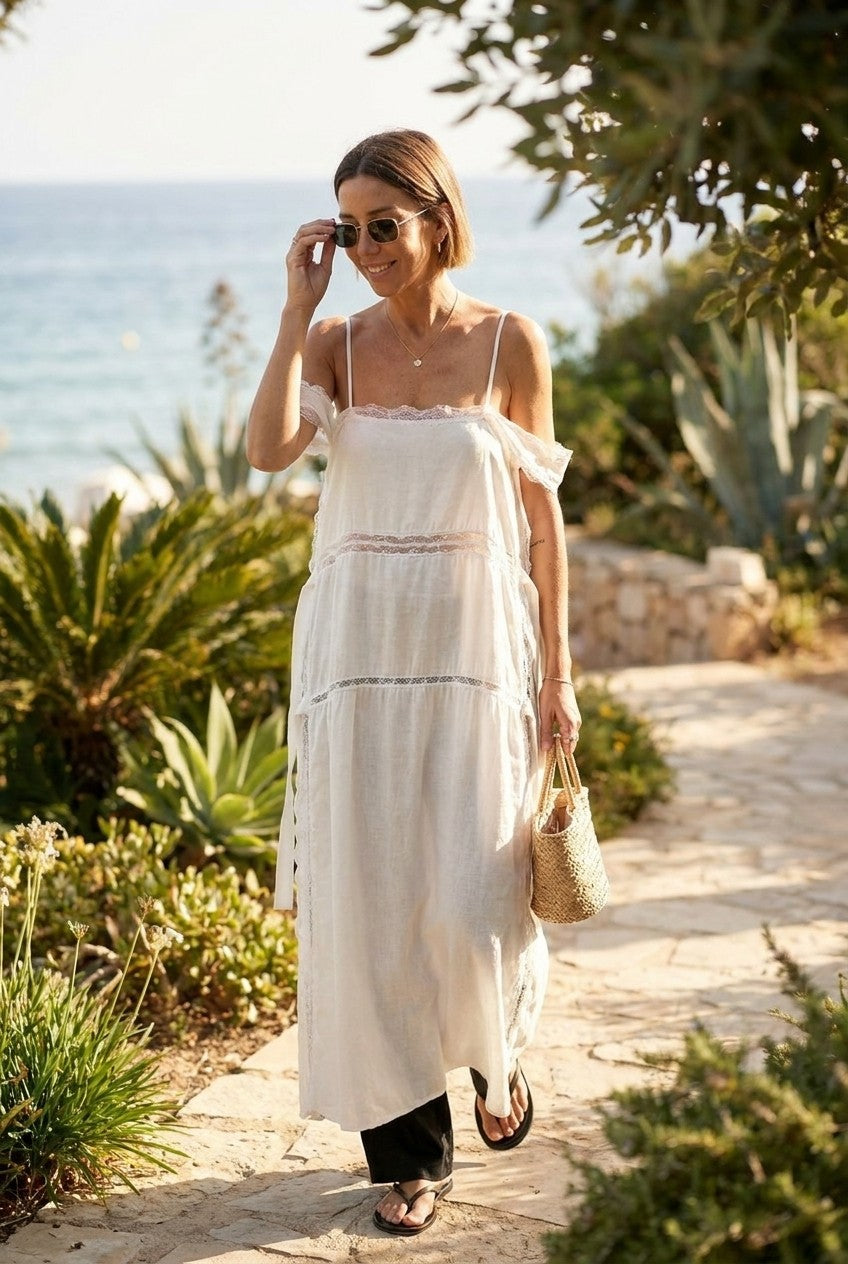 Lace-Inset Linen Maxi Dress