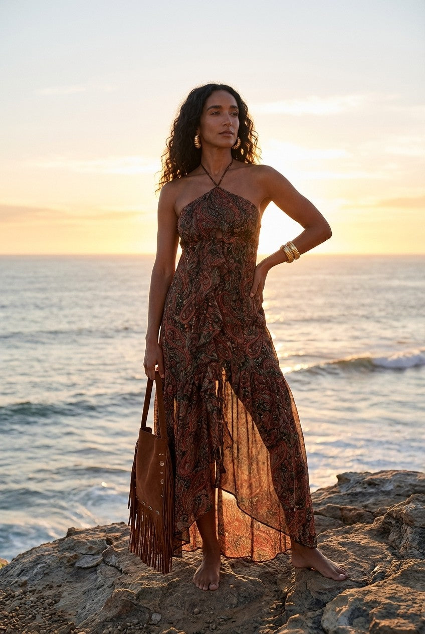 Paisley Halter Maxi Dress With Ruffle Detail Boho Resort Style