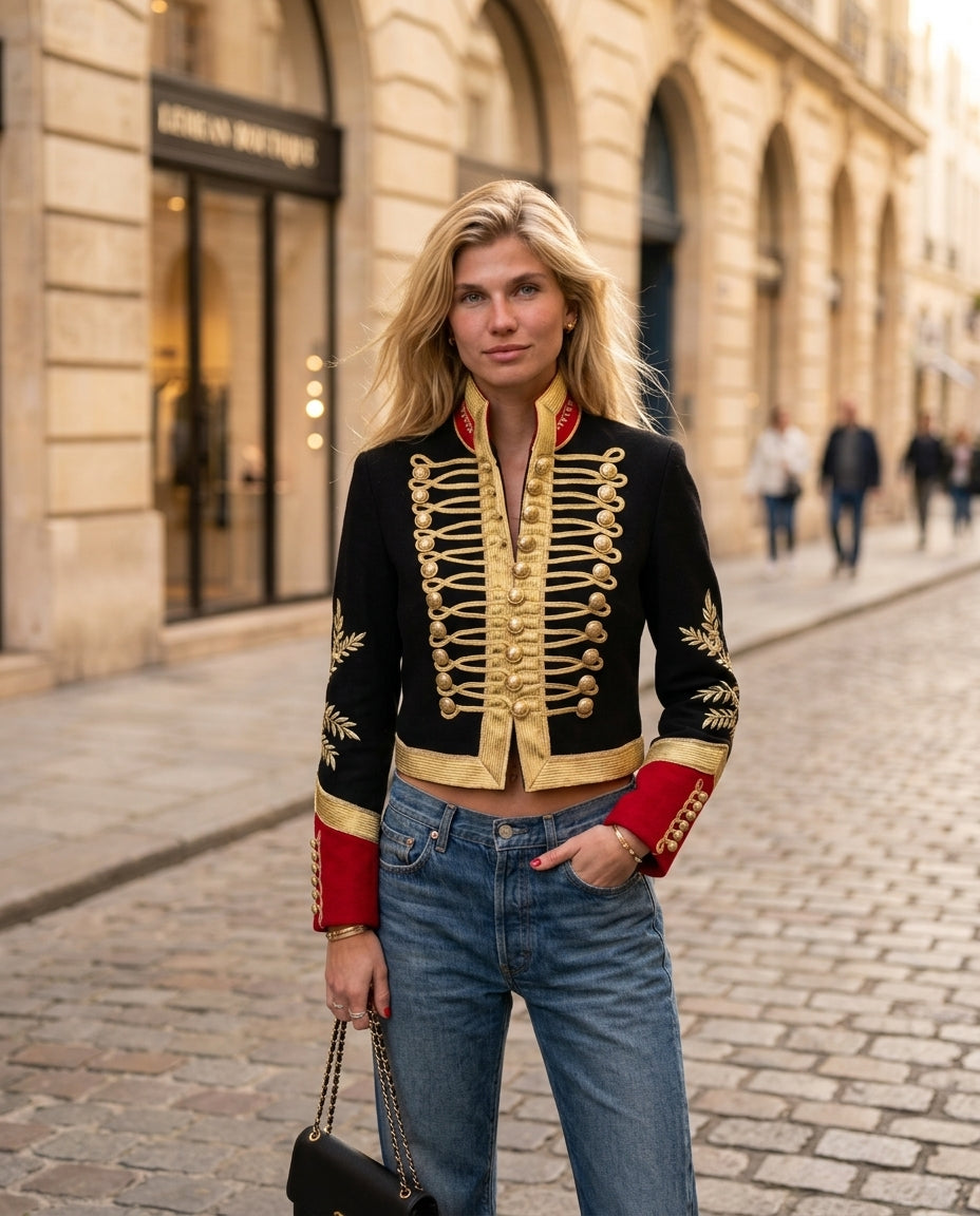 Black Velvet Summer Embroidered Jacket Black Jacket with Tailored silhouette and Textured texture, fabric and construction detail for Business Casual, an estate dinner at golden hour, US East / Hamptons Elite by ads.floravincie
