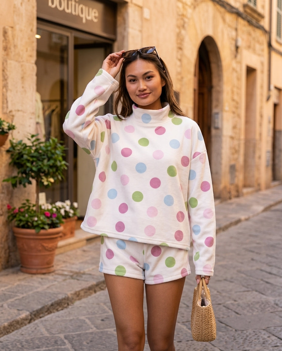 Ivory Poise Summer Polka Dot Short Set Ivory Short Set with Relaxed Fit silhouette and Textured texture, fabric and construction detail for Vacation Set, a gallery opening in Paris, Euro Chic Premium by ads.floravincie