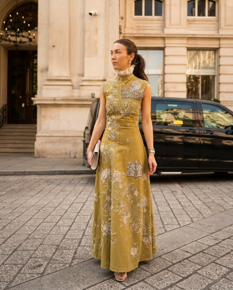 Olive Green Glow Summer Embroidered Maxi Dress Olive Green Maxi Dress with Asymmetric silhouette and Linen Blend texture, fabric and construction detail for Resort Dinner, Weekend in The Hamptons, US East / Hamptons Elite by ads.floravincie