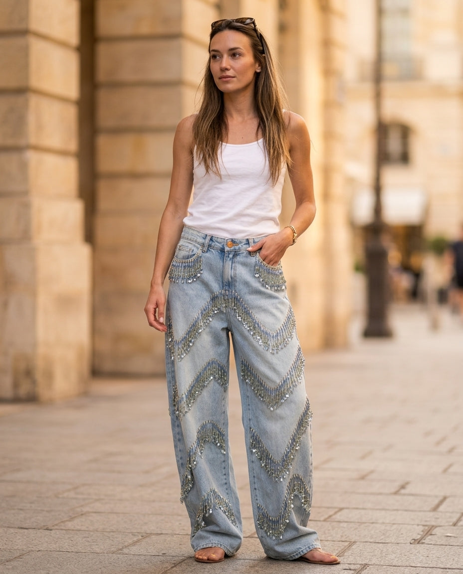 Light Blue Denim Charm Denim Pants Light Blue Denim Pants with Asymmetric silhouette and Textured texture, fabric and construction detail for Travel Outfit, a gallery opening in Paris, Euro Chic Premium by ads.floravincie