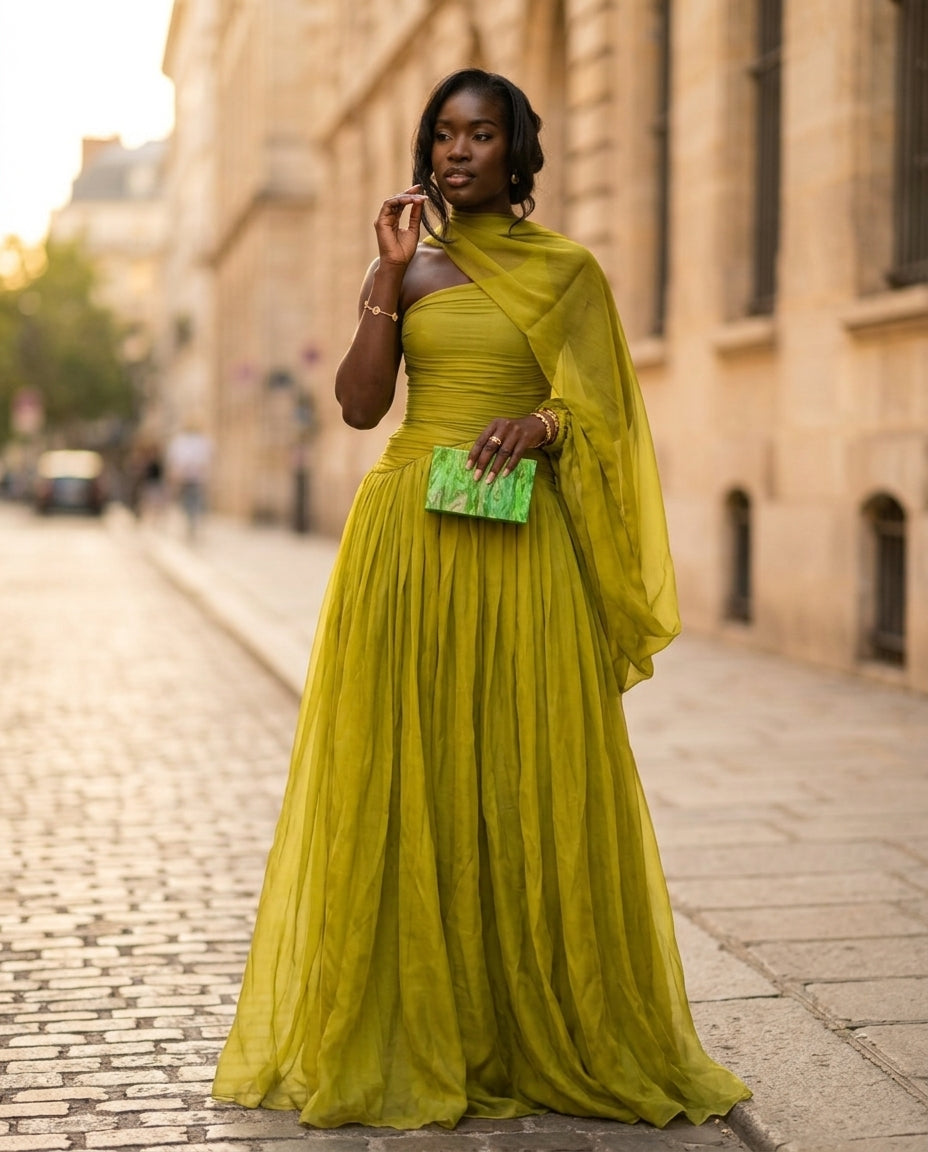 Sage Velvet Evening Ruched Maxi Dress Sage Maxi Dress with Asymmetric silhouette and Textured texture, fabric and construction detail for Date Night, Sunset in Malibu, US Coastal Glam by Mesadic