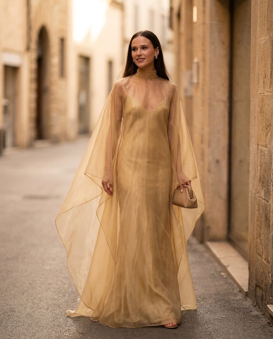 Gold Charm Evening Lace Maxi Dress Gold Maxi Dress with Asymmetric silhouette and Textured texture, fabric and construction detail for Date Night, a gallery opening in Paris, Euro Chic Premium by Mesadic