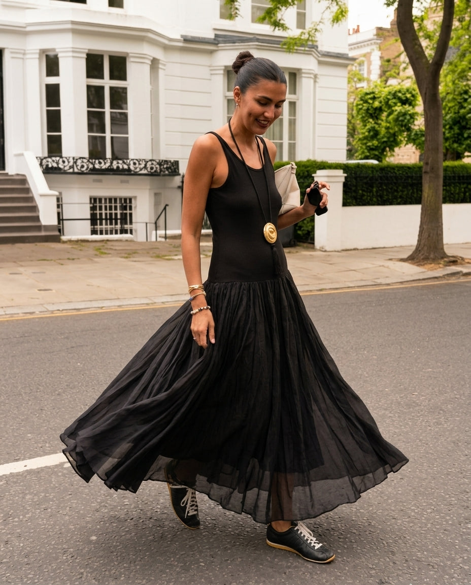 Black Charm Summer Textured Maxi Dress Black Maxi Dress with Relaxed Fit silhouette and Ribbed Knit texture, fabric and construction detail for Garden Party, an estate dinner at golden hour, US East / Hamptons Elite by Mesadic