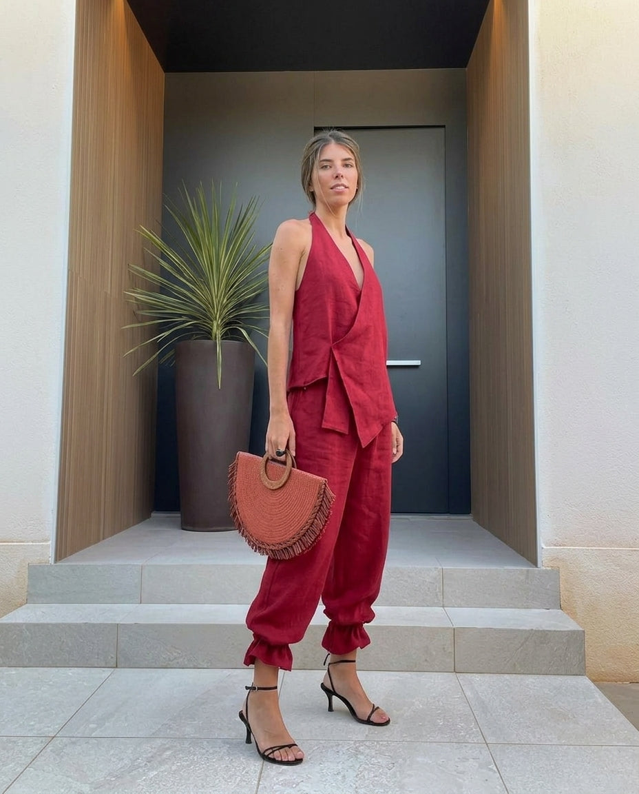 Rust Grace Resort Ruffled Pant Set Rust Pant Set with Asymmetric silhouette and Linen Blend texture, fabric and construction detail for Resort Wear, a Palm Springs weekend, US Coastal Glam by Mesadic