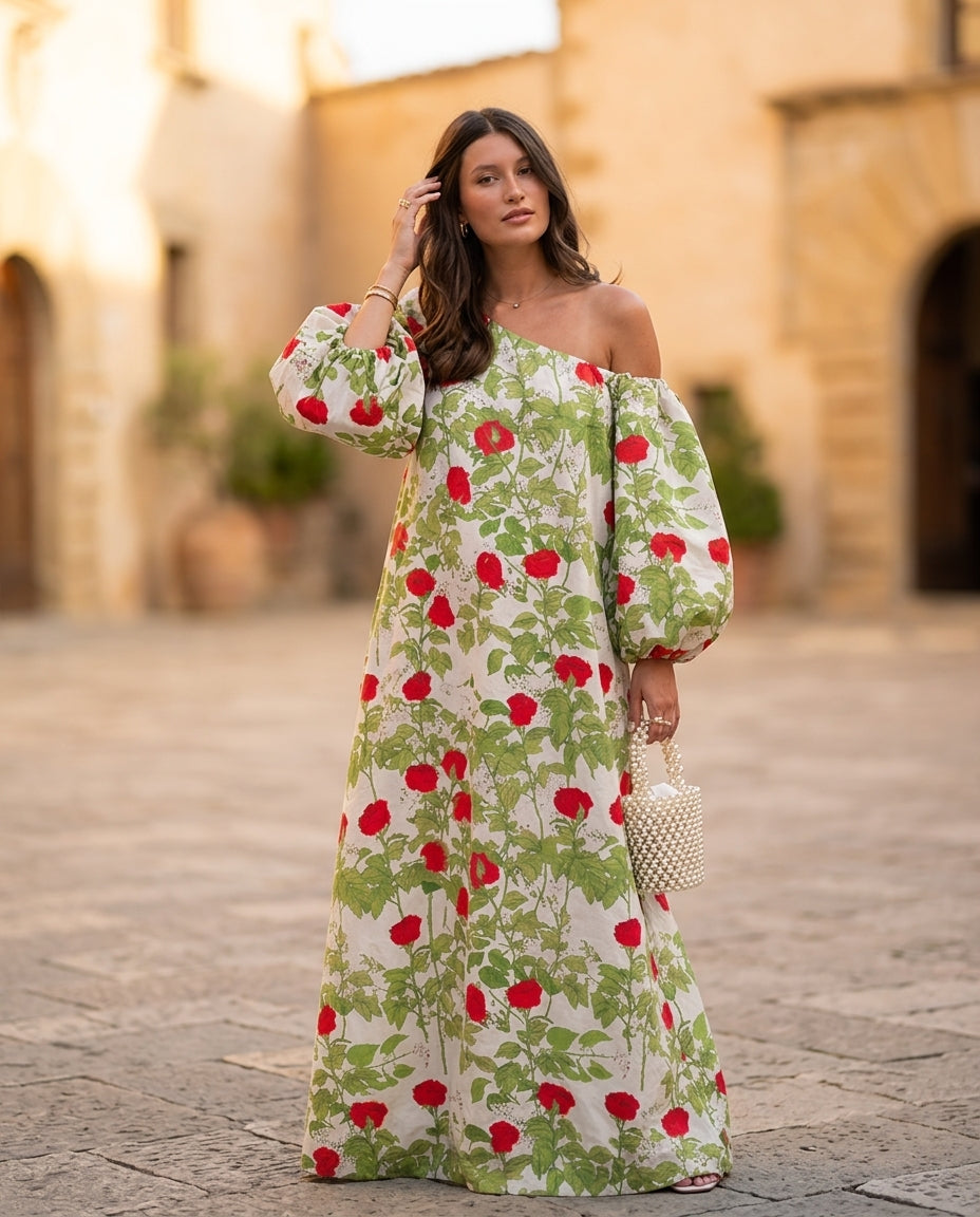 Ivory Reverie Resort Floral Maxi Dress Ivory Maxi Dress with Relaxed Fit silhouette and Linen Blend texture, fabric and construction detail for Resort Wear, Sunset in Malibu, US Coastal Glam by Mesadic