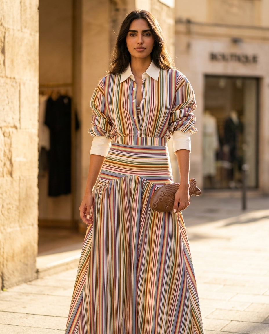 Multicolor Muse Striped Skirt Set Multicolor Skirt Set with Asymmetric silhouette and Textured texture, fabric and construction detail for Beach Dinner, a private garden lunch, US East / Hamptons Elite by Mesadic