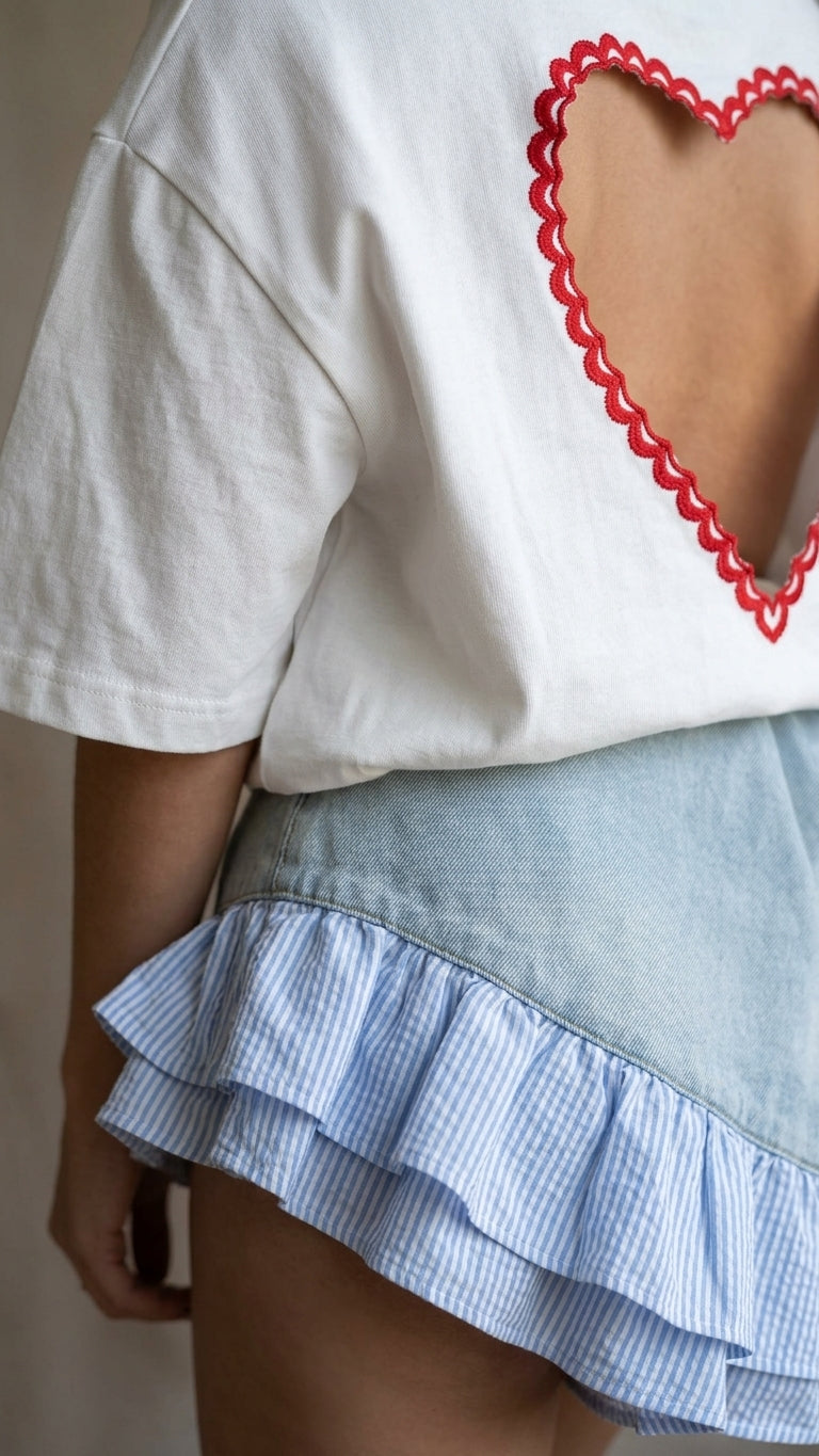 Light Wash Denim Charm Summer Striped Maxi Skirt Light Wash Denim Maxi Skirt with Asymmetric silhouette and Textured texture, additional styling view for City Daywear, a Palm Springs weekend, US Coastal Glam by ads.floravincie