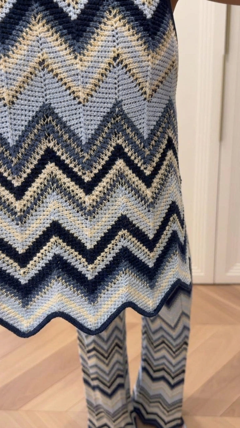 Blue Bloom Resort Ribbed Two-Piece Set Blue Two-Piece Set with Asymmetric silhouette and Ribbed Knit texture, additional styling view for Resort Wear, Evening in Amalfi, Euro Chic Premium by ads.floravincie