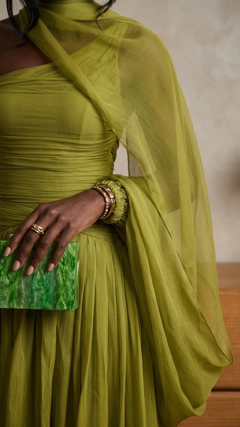 Sage Velvet Evening Ruched Maxi Dress Sage Maxi Dress with Asymmetric silhouette and Textured texture, additional styling view for Date Night, Sunset in Malibu, US Coastal Glam by Mesadic