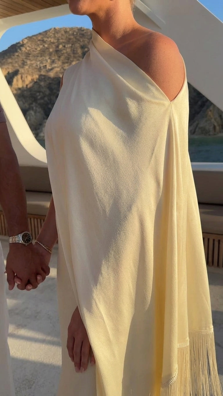Ivory Poise Evening Fringe Maxi Dress Ivory Maxi Dress with Asymmetric silhouette and Textured texture, additional styling view for Date Night, a private garden lunch, US East / Hamptons Elite by Mesadic