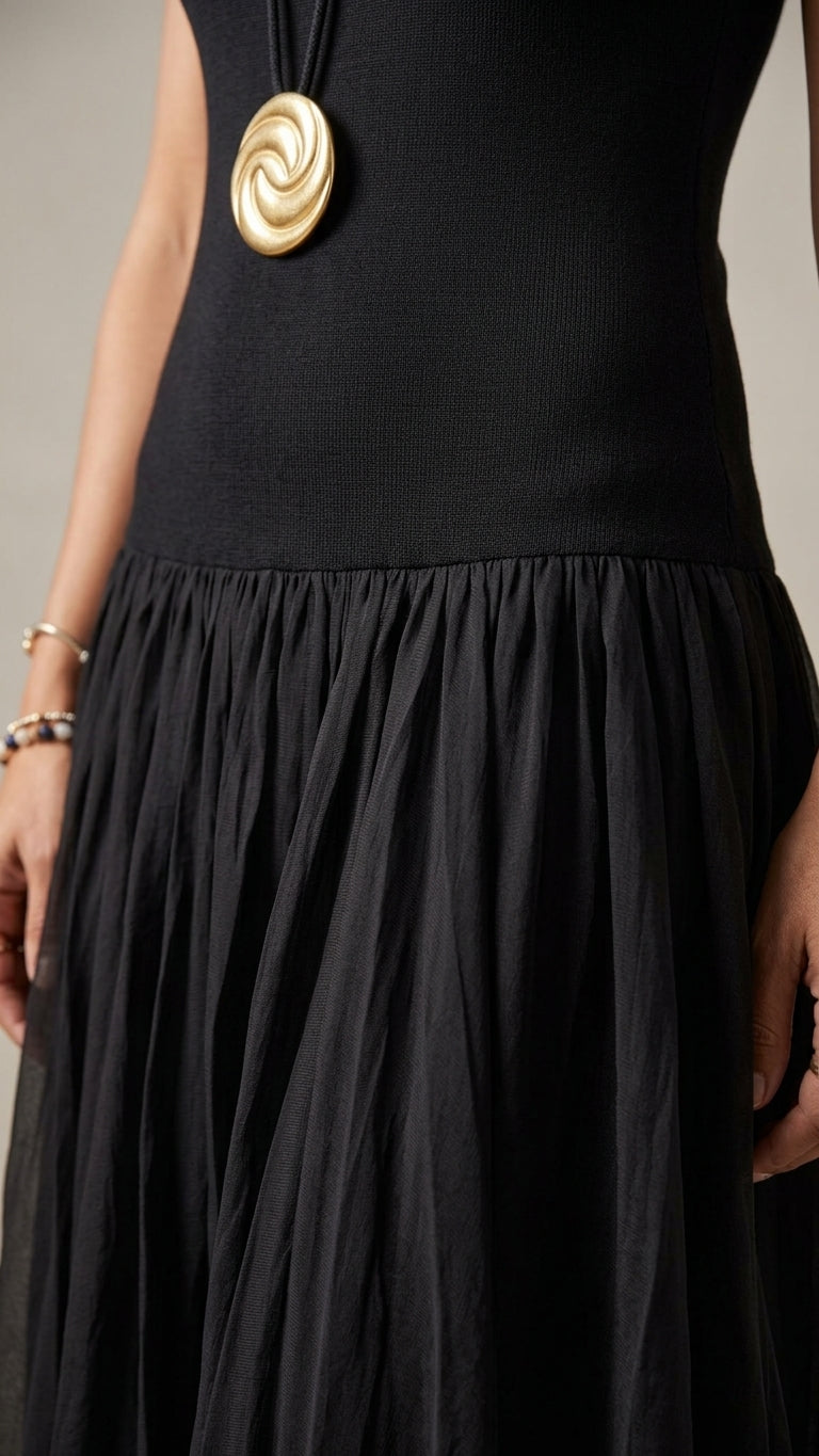 Black Charm Summer Textured Maxi Dress Black Maxi Dress with Relaxed Fit silhouette and Ribbed Knit texture, additional styling view for Garden Party, an estate dinner at golden hour, US East / Hamptons Elite by Mesadic