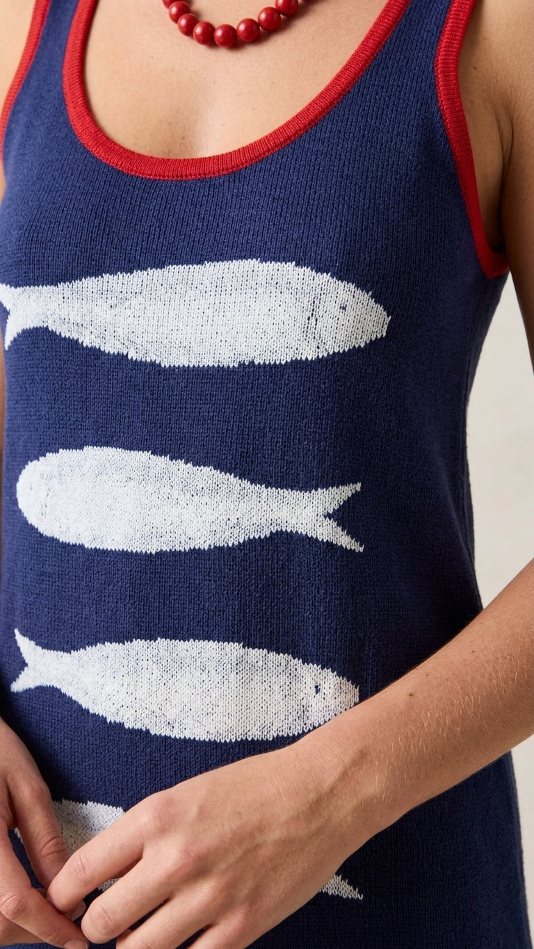 Navy Grace Resort Printed Maxi Dress Navy Maxi Dress with Relaxed Fit silhouette and Ribbed Knit texture, additional styling view for Resort Wear, Brunch in SoHo, US Coastal Glam by ads.floravincie