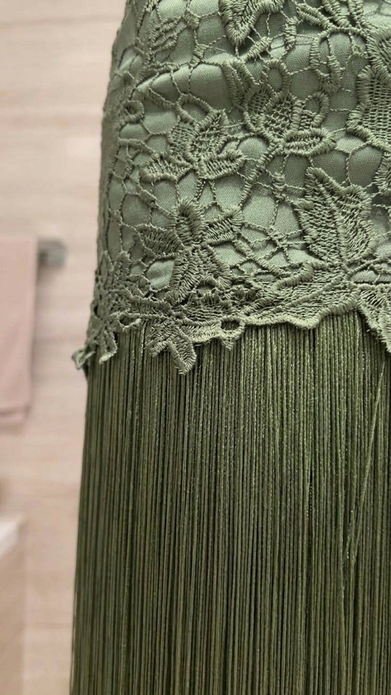 Olive Green Grace Evening Lace Romper Olive Green Romper with Relaxed Fit silhouette and Textured texture, additional styling view for Resort Wear, a London dinner reservation, Euro Chic Premium by ads.floravincie