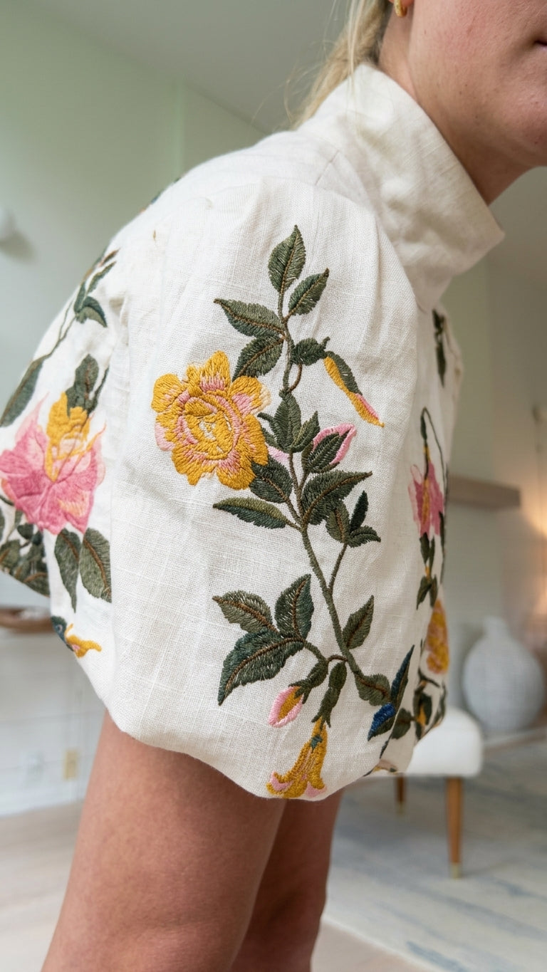 Ivory Allure Resort Embroidered Maxi Dress Ivory Maxi Dress with Asymmetric silhouette and Linen Blend texture, additional styling view for Resort Wear, a private garden lunch, US East / Hamptons Elite by ads.floravincie