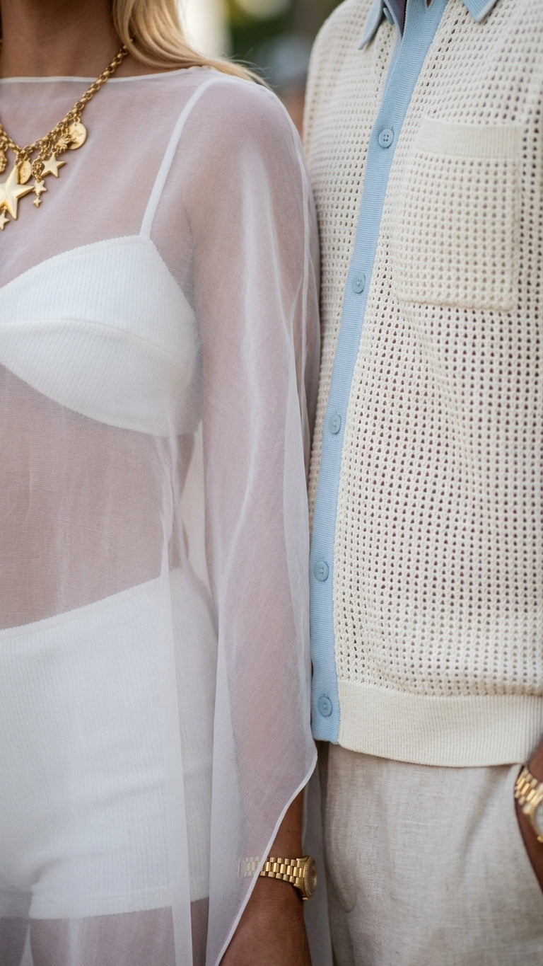 Ivory Aura Resort Sheer Jacket Ivory Jacket with Relaxed Fit silhouette and Textured texture, additional styling view for Resort Wear, a polished coastal brunch, US East / Hamptons Elite by ads.floravincie