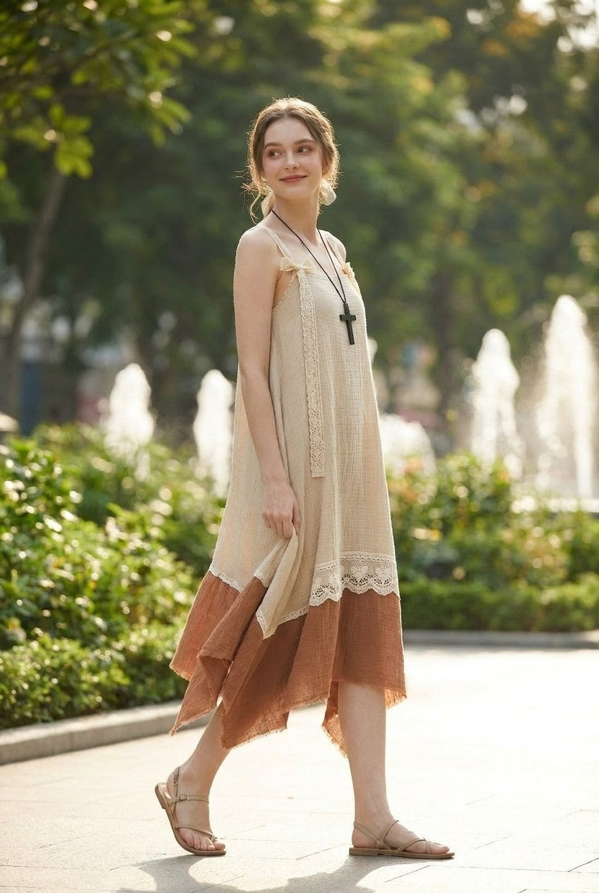 Boho Cotton Gauze Lace Maxi Dress