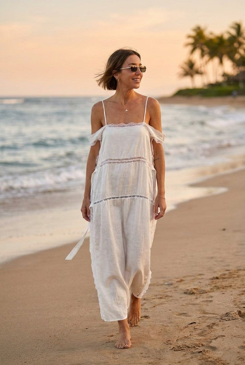 Lace-Inset Linen Maxi Dress
