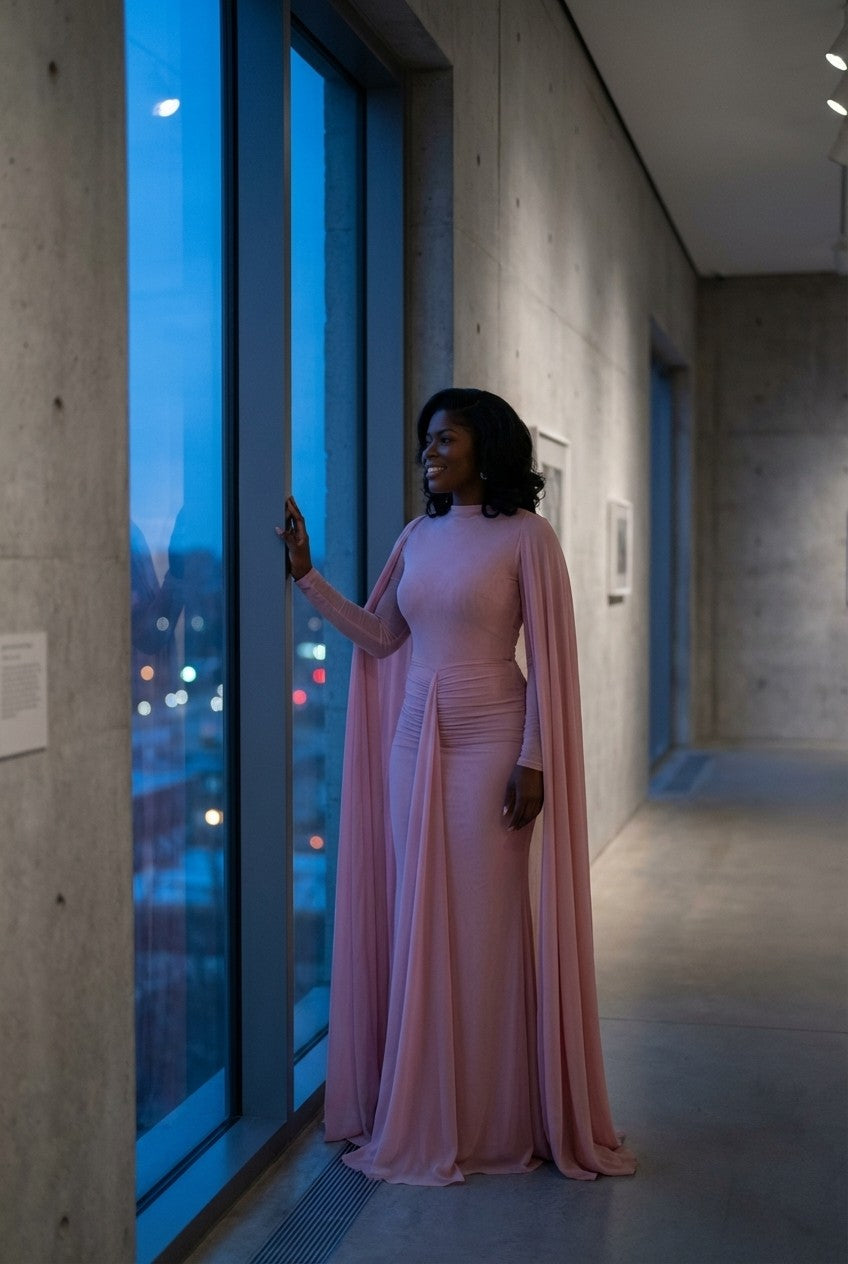 Ruched Mesh Floor-Length Gown with Cape Sleeves Evening Dress