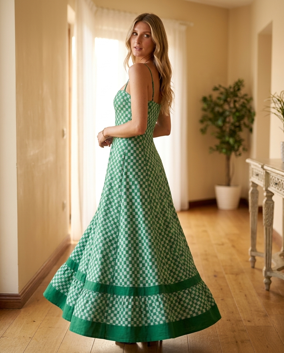 Coastal Check Print Strapless A-Line Dress