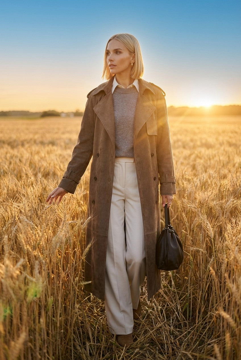 Soft Suede Trench Coat Double Breasted Long Classic Outerwear