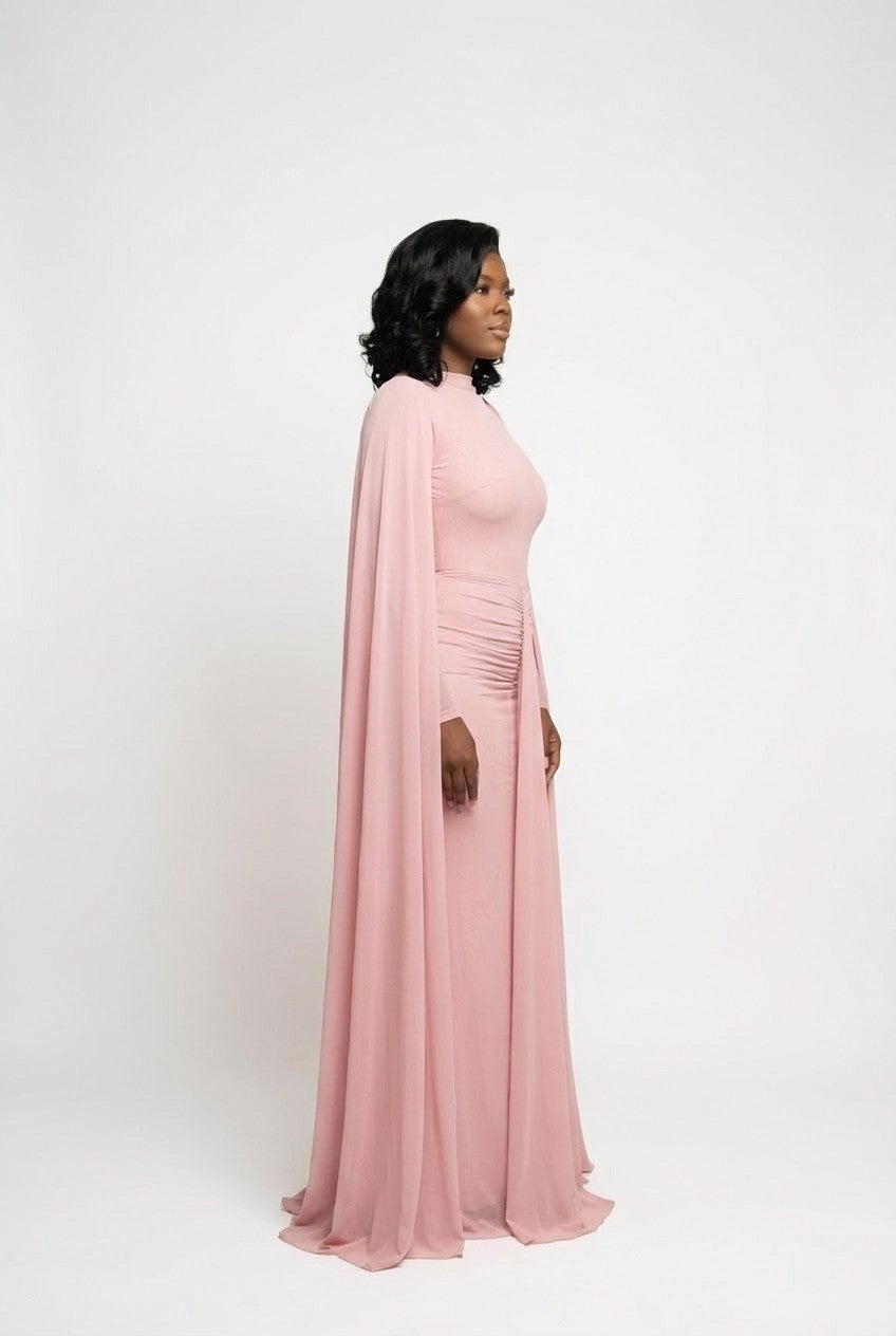 Ruched Mesh Floor-Length Gown with Cape Sleeves Evening Dress