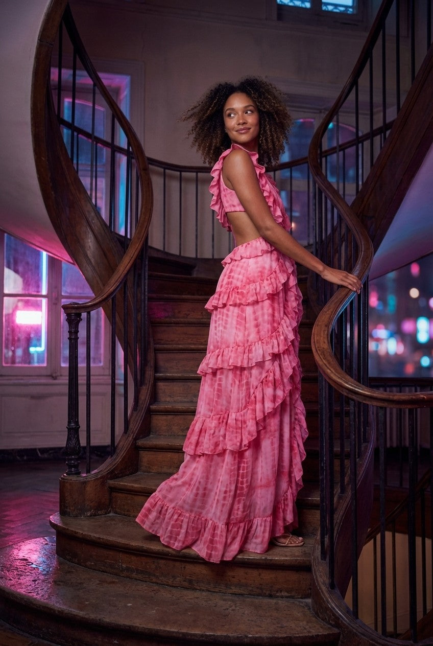 Pink Tie-Dye Ruffle Maxi Dress Ring Detail Cutout Vacation Gown