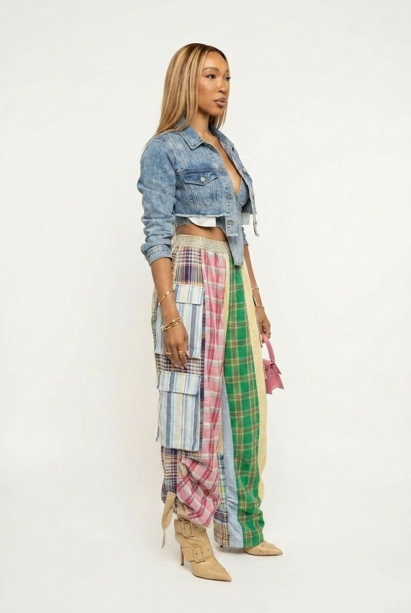 Plaid patchwork wide-leg pants