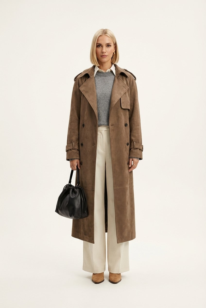 Soft Suede Trench Coat Double Breasted Long Classic Outerwear