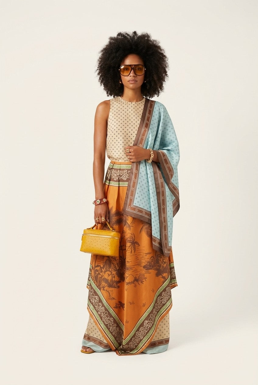 Polka Dot Blouse and Tropical Wide Leg Pants Resort Set