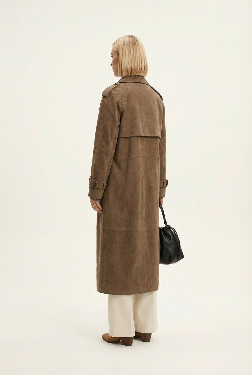 Soft Suede Trench Coat Double Breasted Long Classic Outerwear