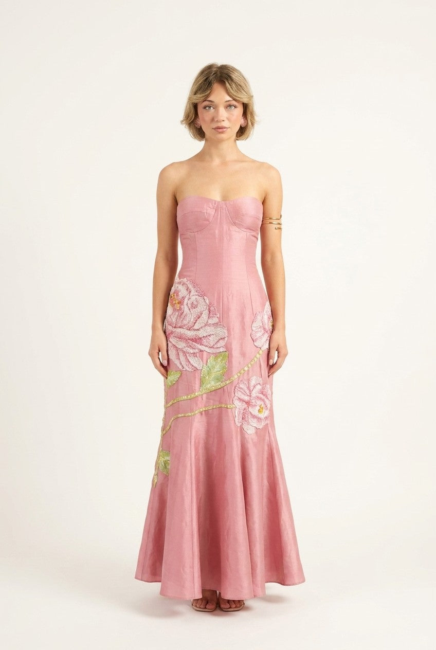 Strapless Embroidered Corset Maxi Dress