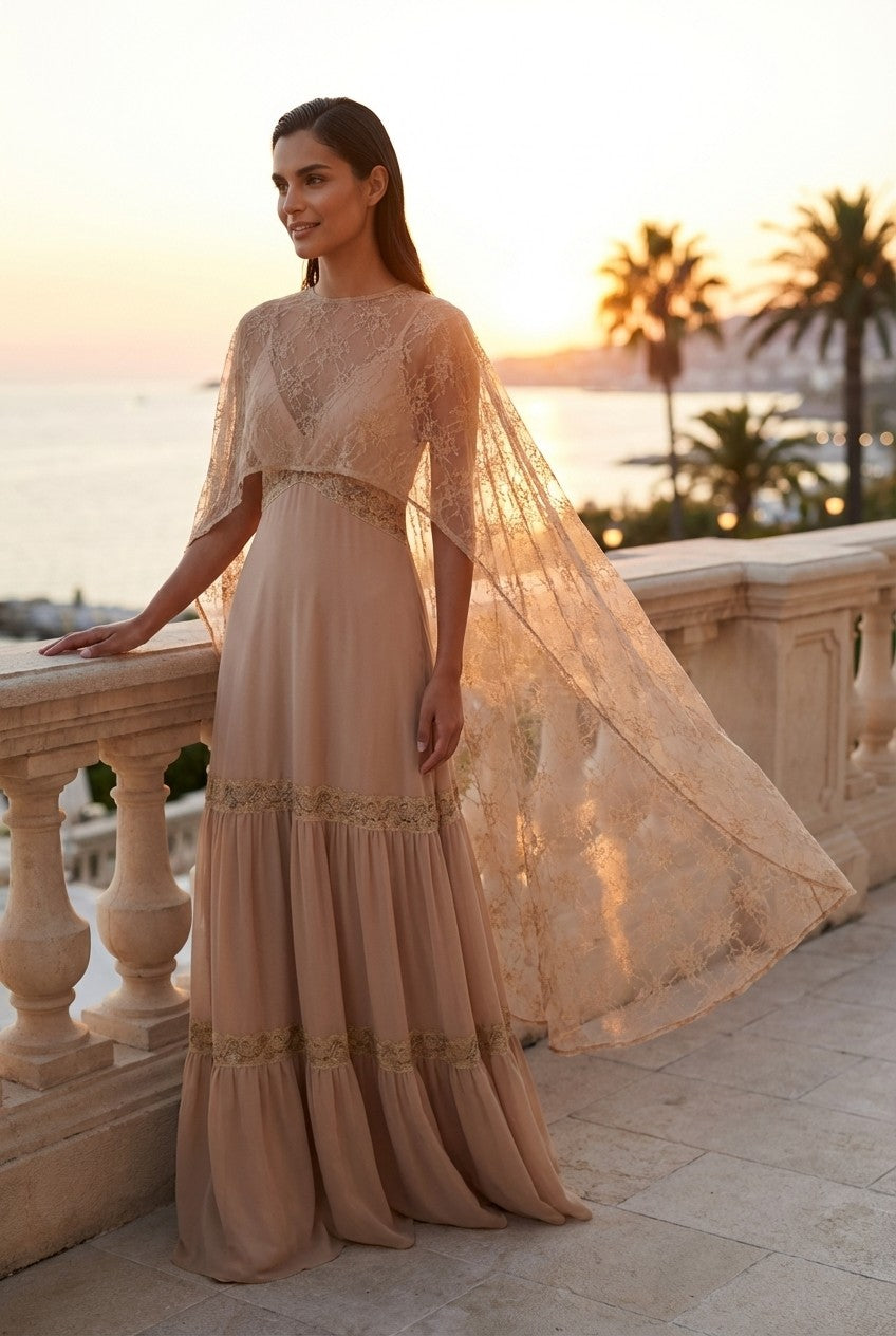 Floral Lace Cape Maxi Dress Flowing Tiered Formal Gown
