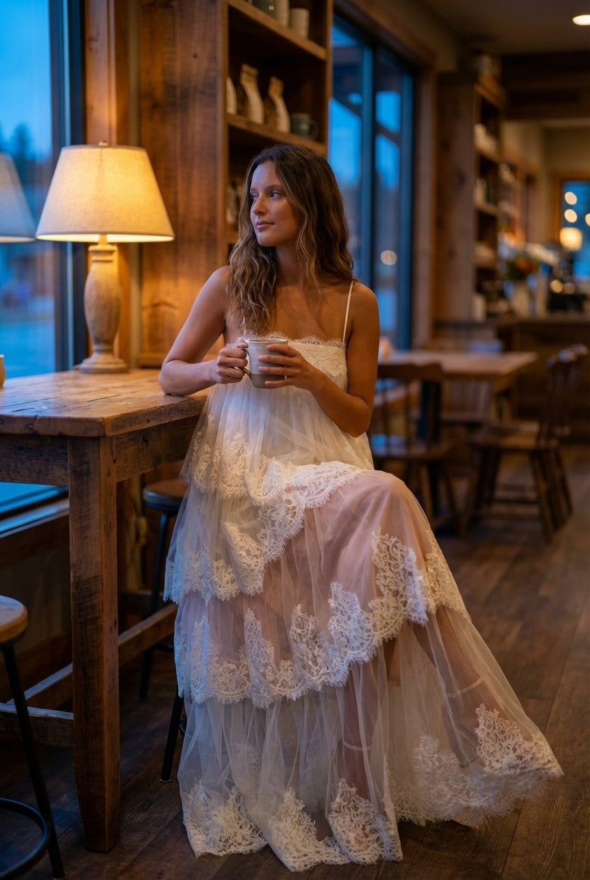 White Lace and Tulle Tiered Maxi Dress Scalloped Bridal Vibe
